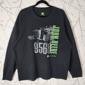 John Deere Black Cotton Blend Waffle Knit Graphic Print Thermal T-Shirt